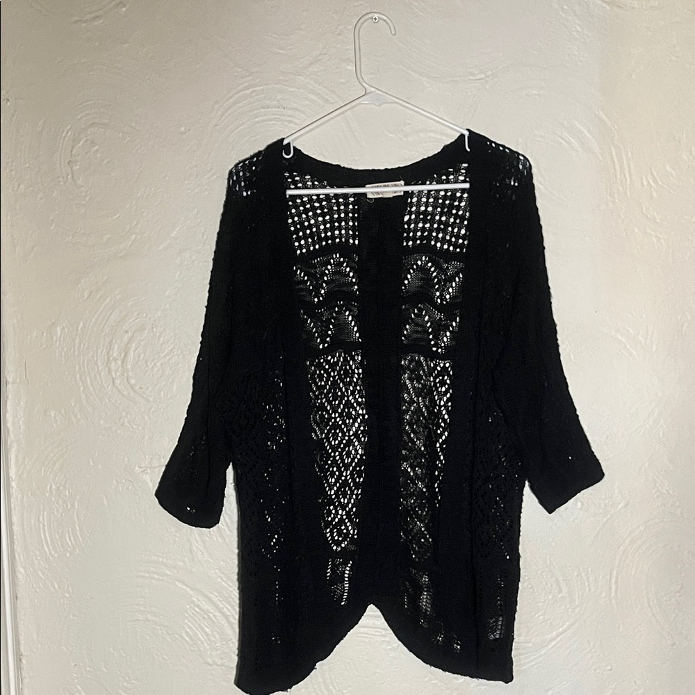 Pink Rose Black Open-Knit Women's Quarter Sleeve Cardigan